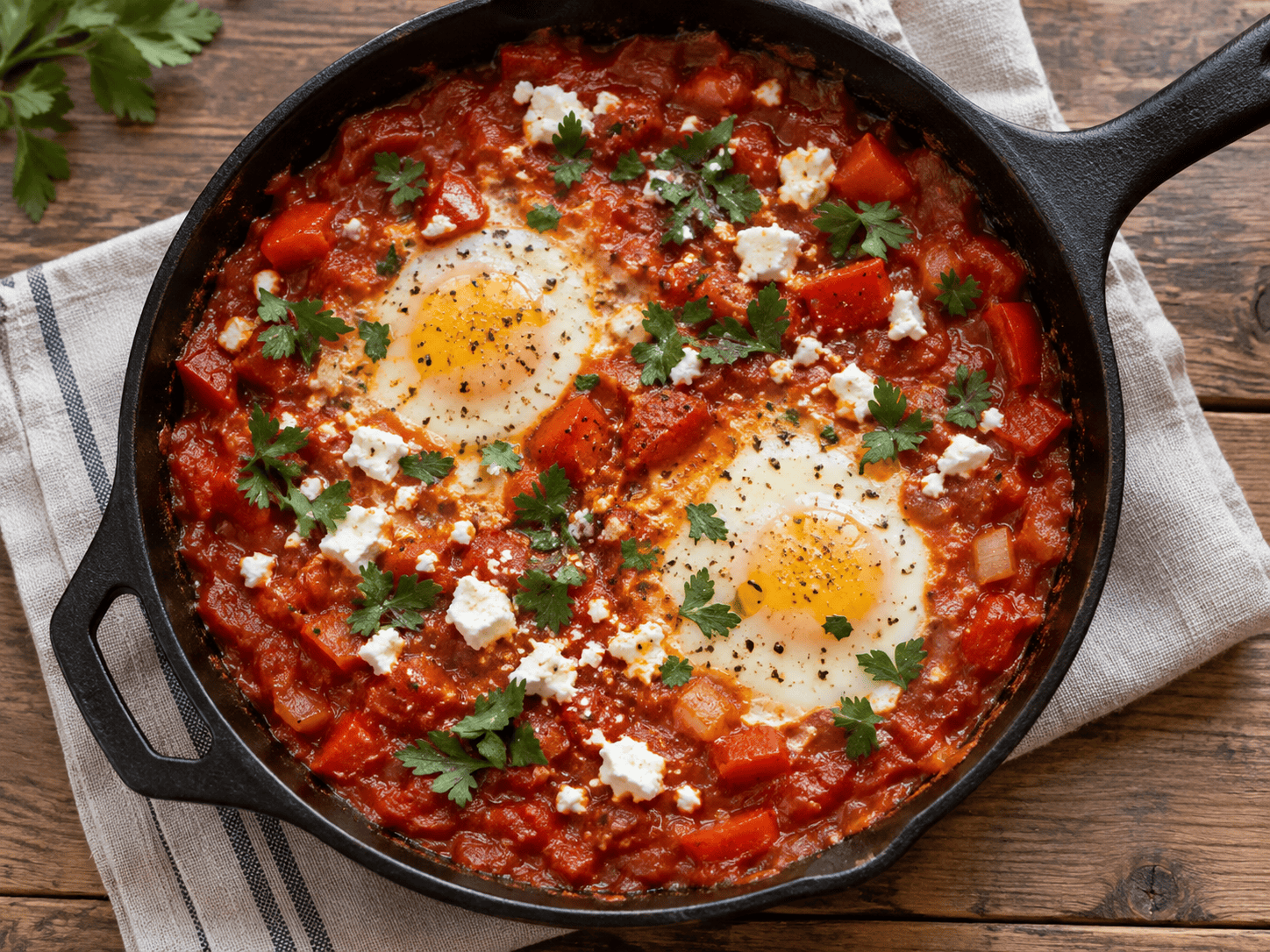 High Protein Schakschuka mit Eiern, weißen Bohnen, Skyr und Tomatensauce in einer Pfanne