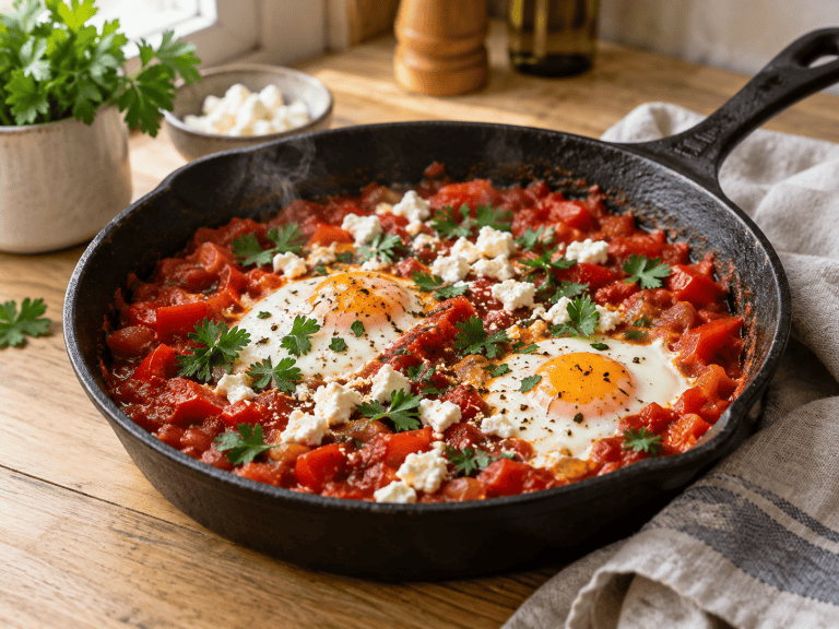 High Protein Schakschuka mit Eiern, weißen Bohnen, Skyr und Tomatensauce in einer Pfanne