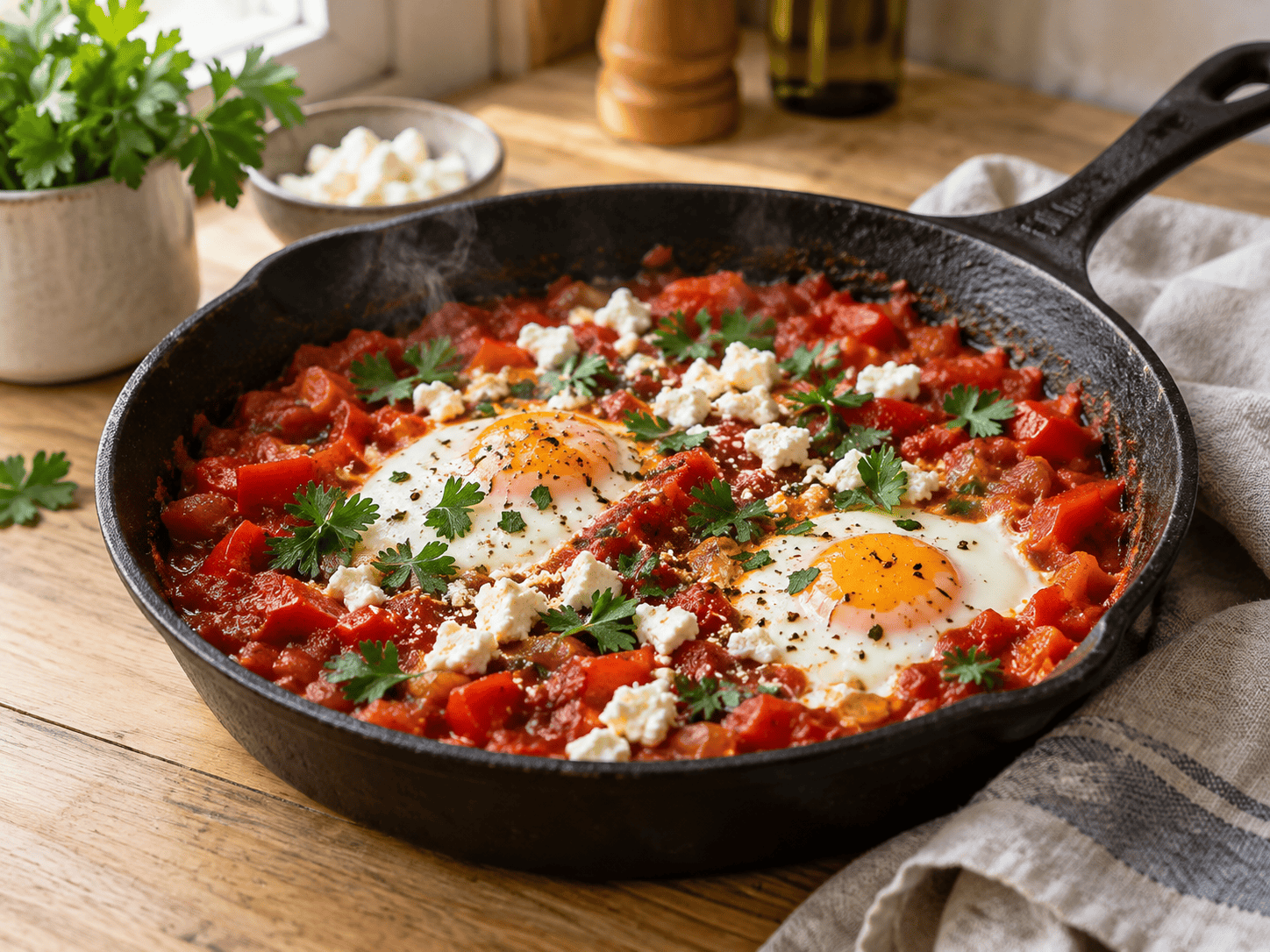 High Protein Schakschuka mit Eiern, weißen Bohnen, Skyr und Tomatensauce in einer Pfanne