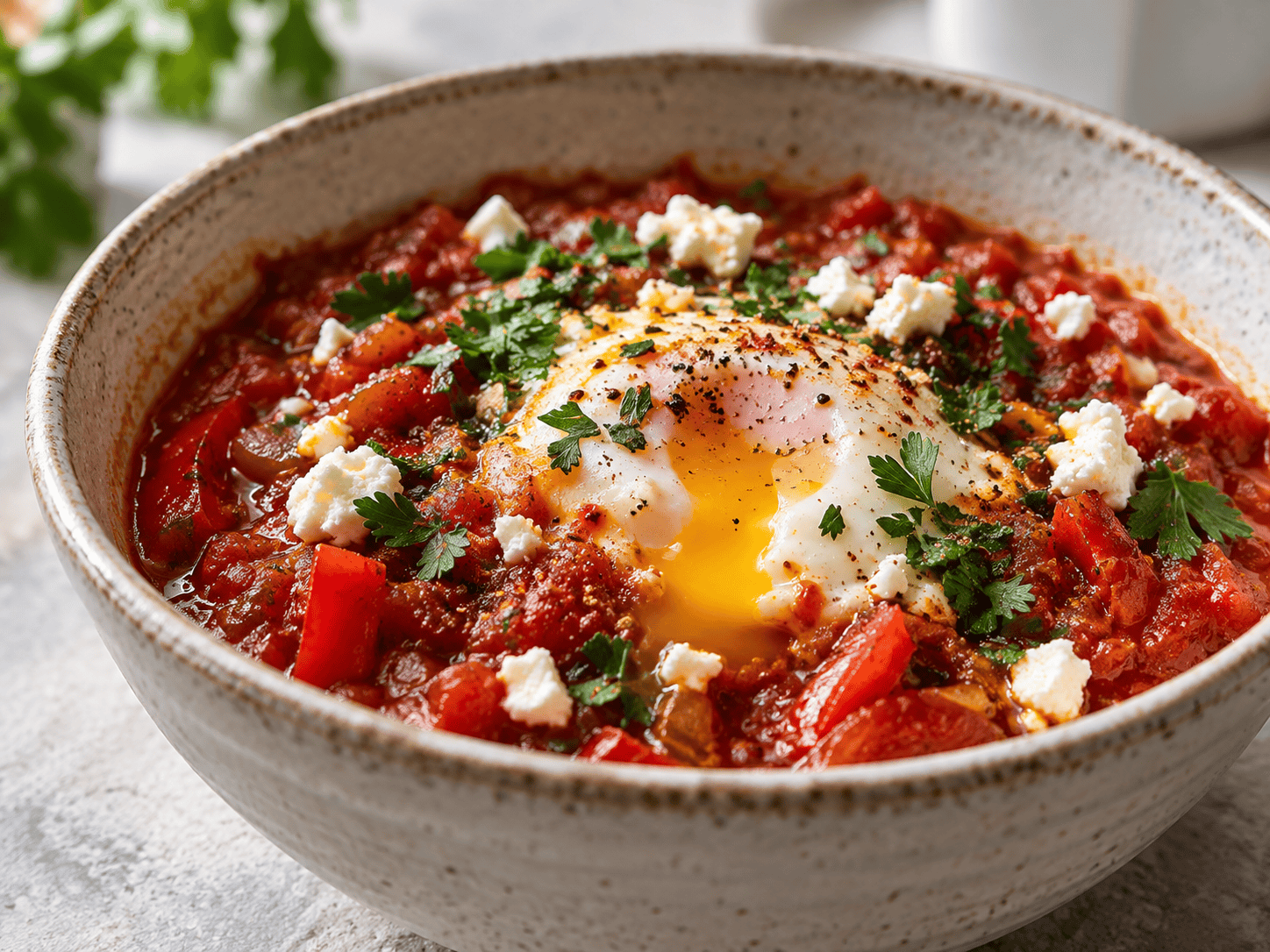 High Protein Schakschuka mit Eiern, weißen Bohnen, Skyr und Tomatensauce in einer Pfanne