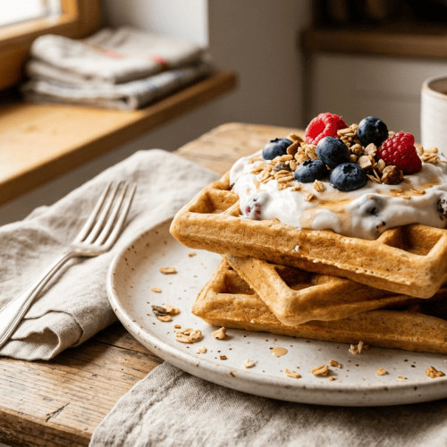 High Protein Waffeln mit Skyr und Beeren auf einem Teller