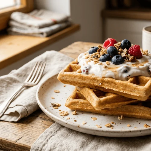 High Protein Waffeln mit Skyr und Beeren auf einem Teller