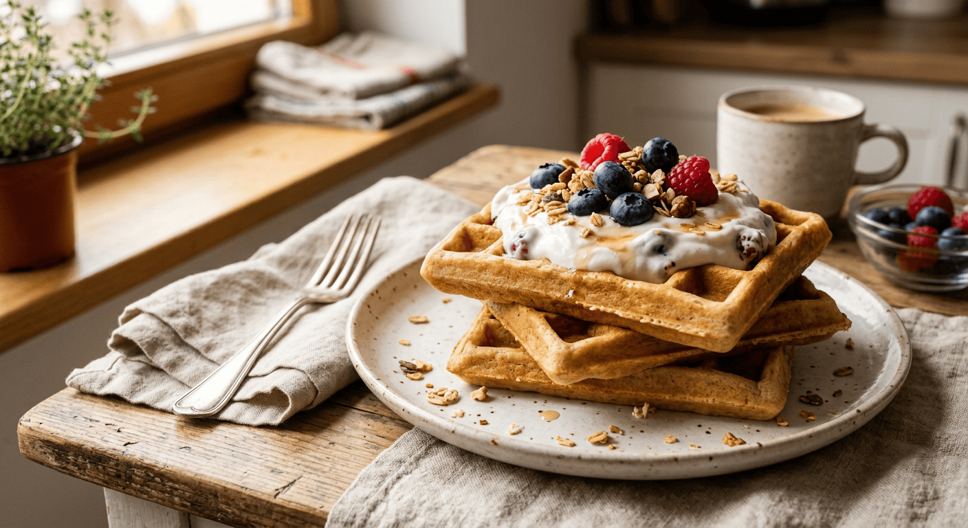 High Protein Waffeln mit Skyr und Beeren auf einem Teller