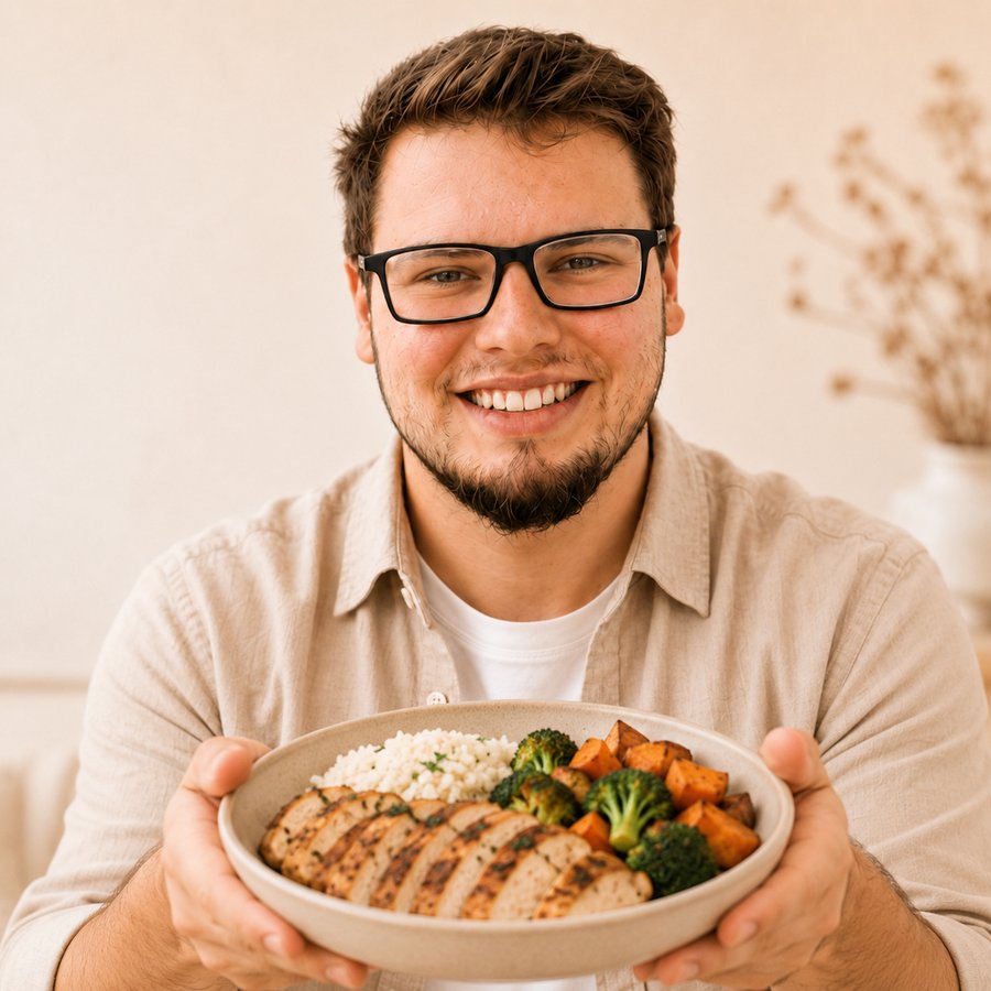 Kevin von keytoshape hält lächelnd eine Bowl mit Hähnchenbrust, Reis, Brokkoli und Süßkartoffel