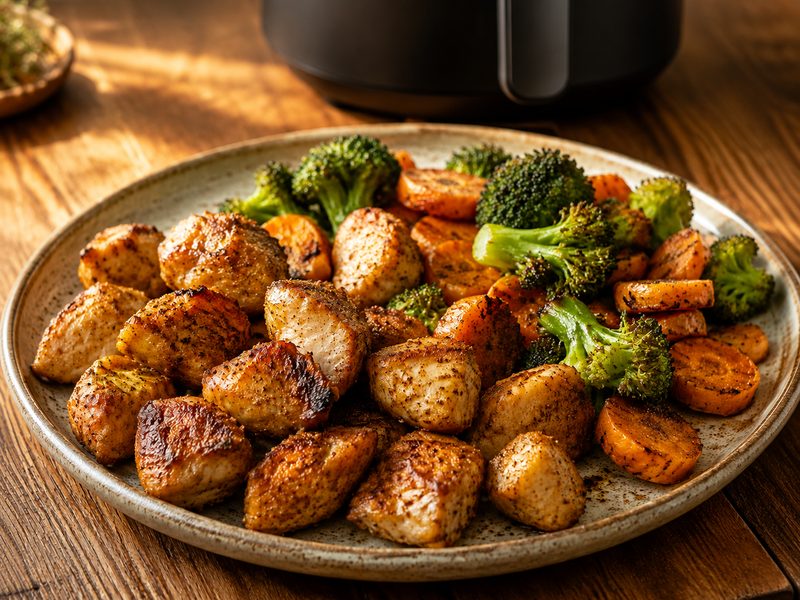 Knusprige Airfryer-Hähnchenstücke mit geröstetem Brokkoli und Karotten auf einem Teller