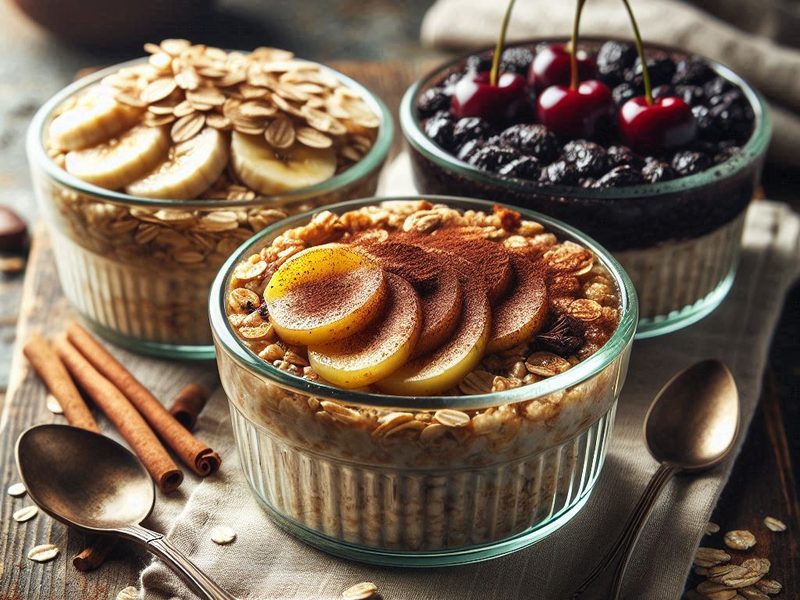 Baked Oats im Glas mit Banane, Kirschen und Zimt-Apfel, proteinreiches Frühstück