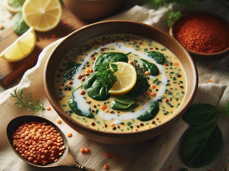Cremige Linsensuppe mit Spinat und Kokosmilch, garniert mit Zitrone
