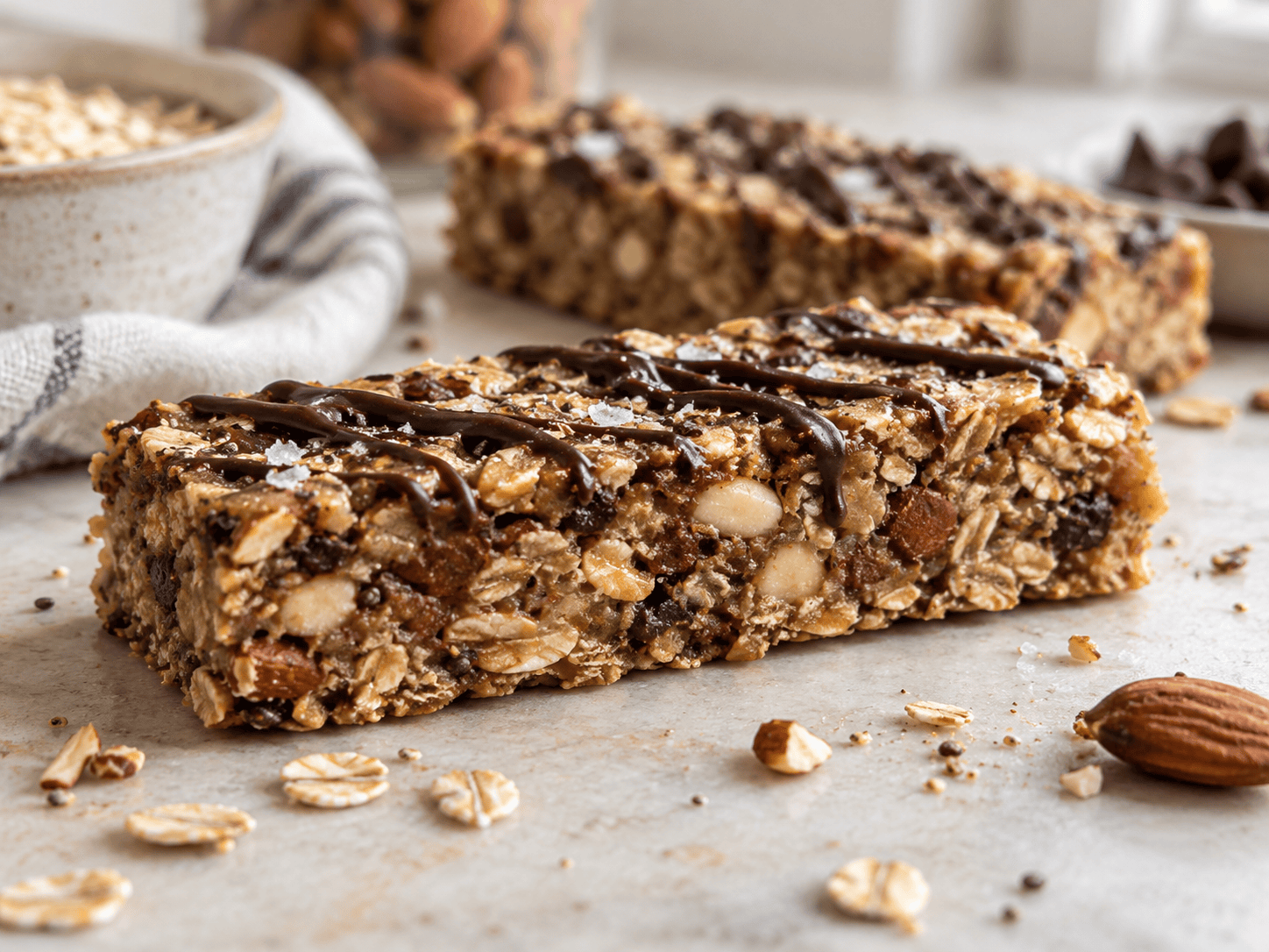 Selbstgemachte schokoladige Proteinriegel mit Haferflocken und Erdnussmus
