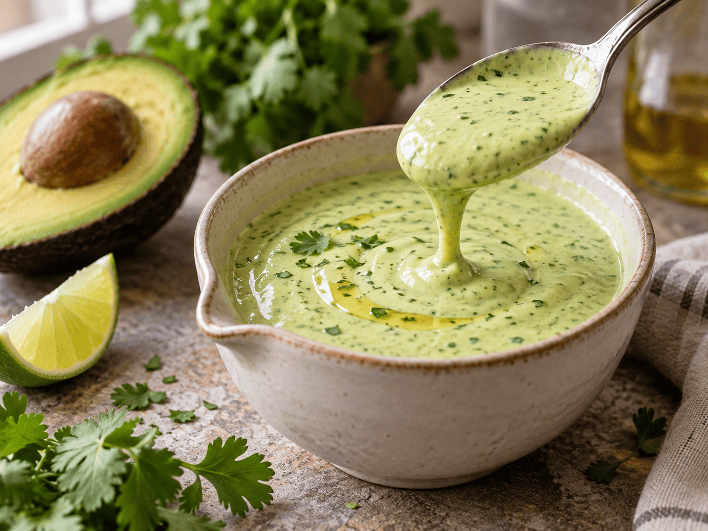 Cremiges Low-Carb-Avocado-Dressing mit Limette und Skyr in einer kleinen Schale