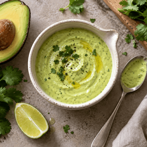 Cremiges Low-Carb-Avocado-Dressing mit Limette und Skyr in einer kleinen Schale