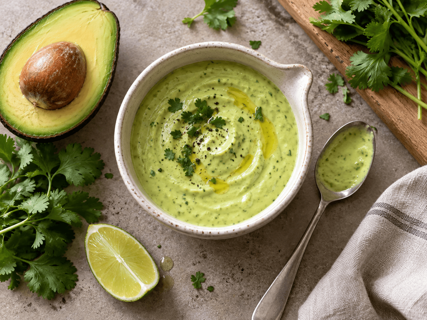 Cremiges Low-Carb-Avocado-Dressing mit Limette und Skyr in einer kleinen Schale