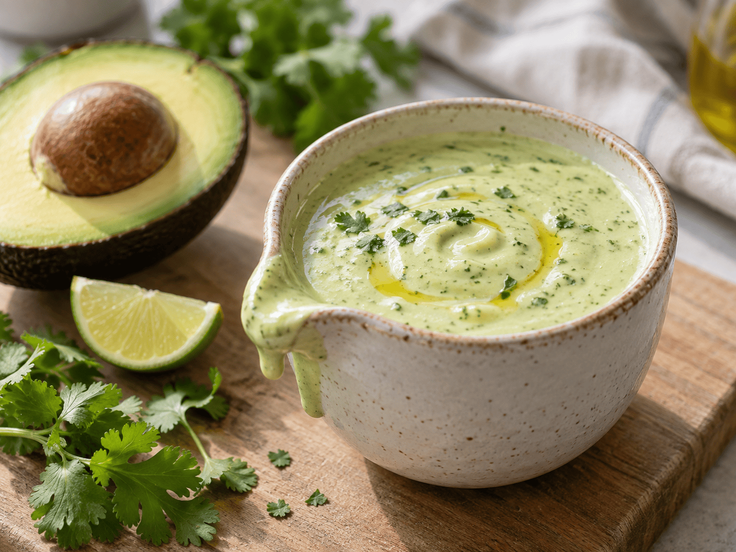 Cremiges Low-Carb-Avocado-Dressing mit Limette und Skyr in einer kleinen Schale