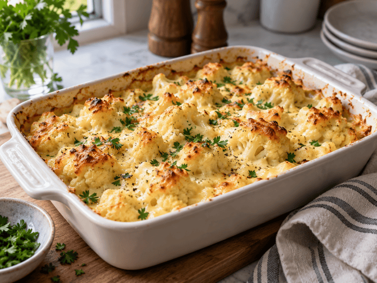 Low-Carb-Blumenkohl-Auflauf mit Putenhack, Tomatensauce und goldener Käsekruste