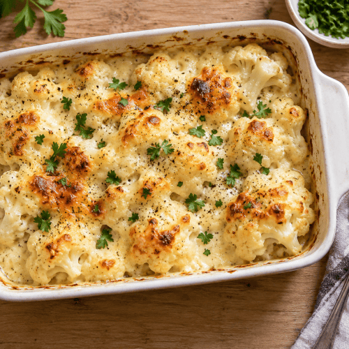 Low-Carb-Blumenkohl-Auflauf mit Putenhack, Tomatensauce und goldener Käsekruste