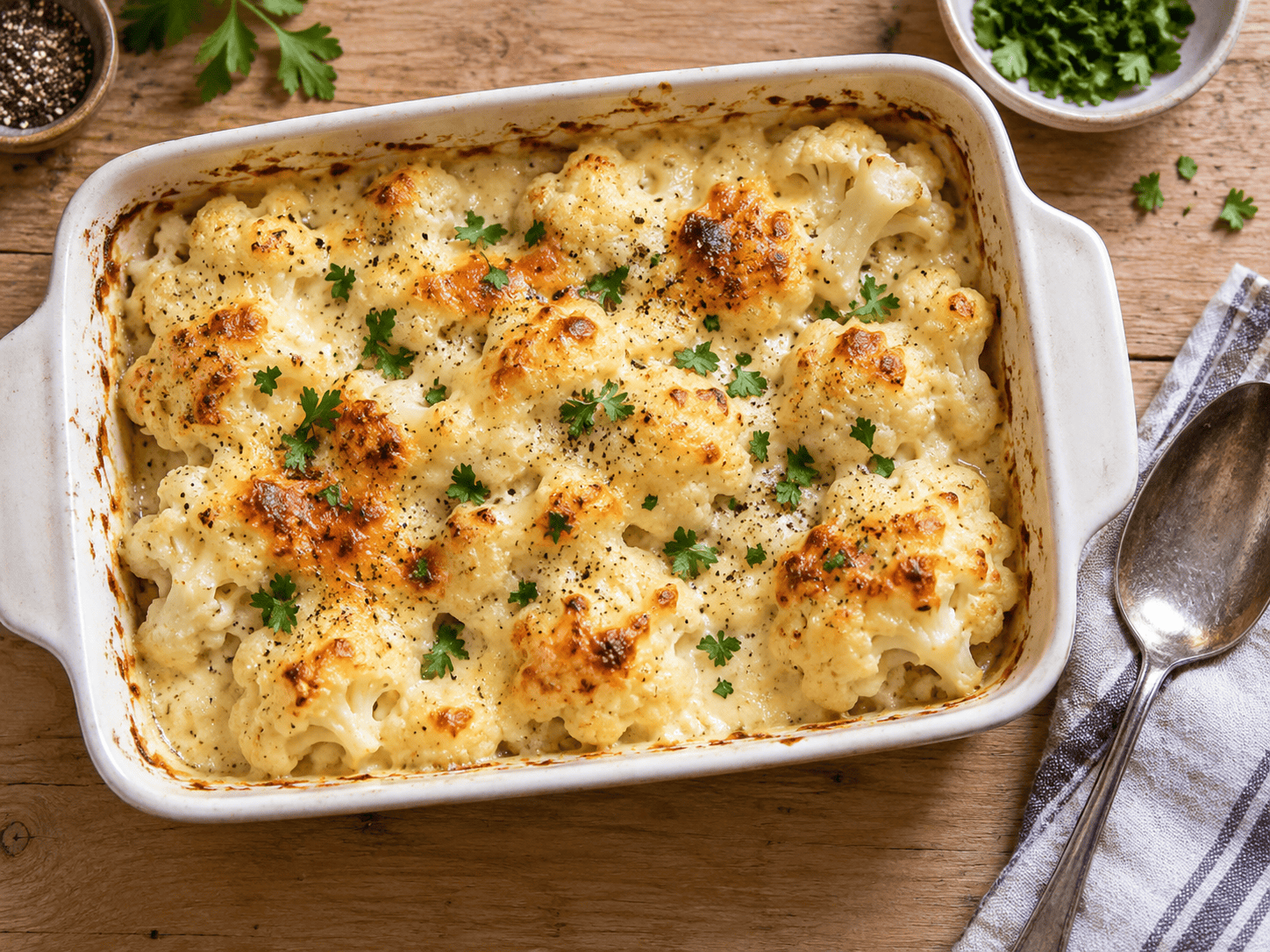 Low-Carb-Blumenkohl-Auflauf mit Putenhack, Tomatensauce und goldener Käsekruste