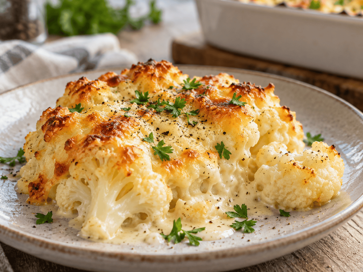 Low-Carb-Blumenkohl-Auflauf mit Putenhack, Tomatensauce und goldener Käsekruste