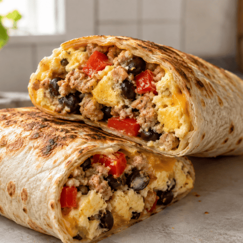 High-Protein Frühstücks Burritos frisch zubereitet und aufgeschnitten mit buntem Gemüse und Eiweißfüllung