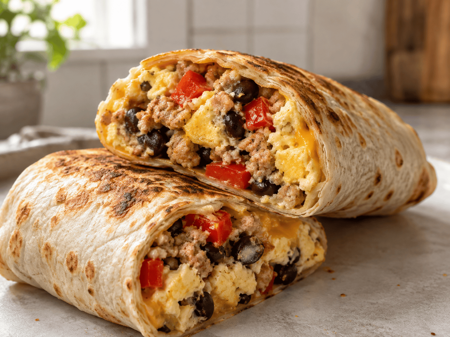 High-Protein Frühstücks Burritos aufgeschnitten mit Ei Hähnchen Bohnen und Gemüse