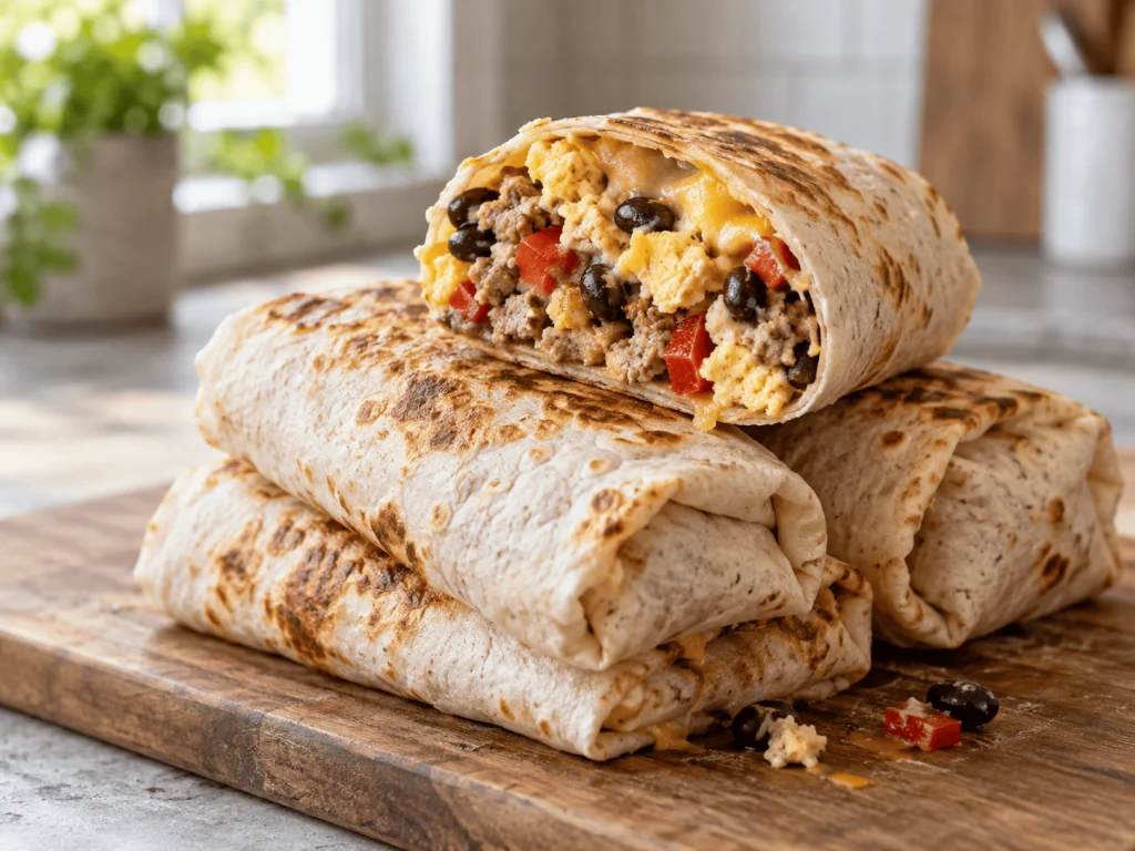 High-Protein Frühstücks Burritos frisch zubereitet und aufgeschnitten mit buntem Gemüse und Eiweißfüllung