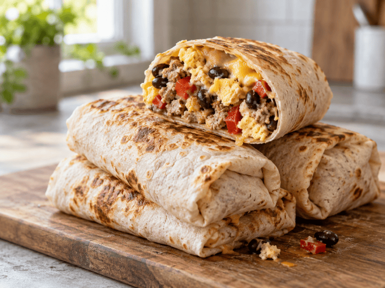 High-Protein Frühstücks Burritos frisch zubereitet und aufgeschnitten mit buntem Gemüse und Eiweißfüllung