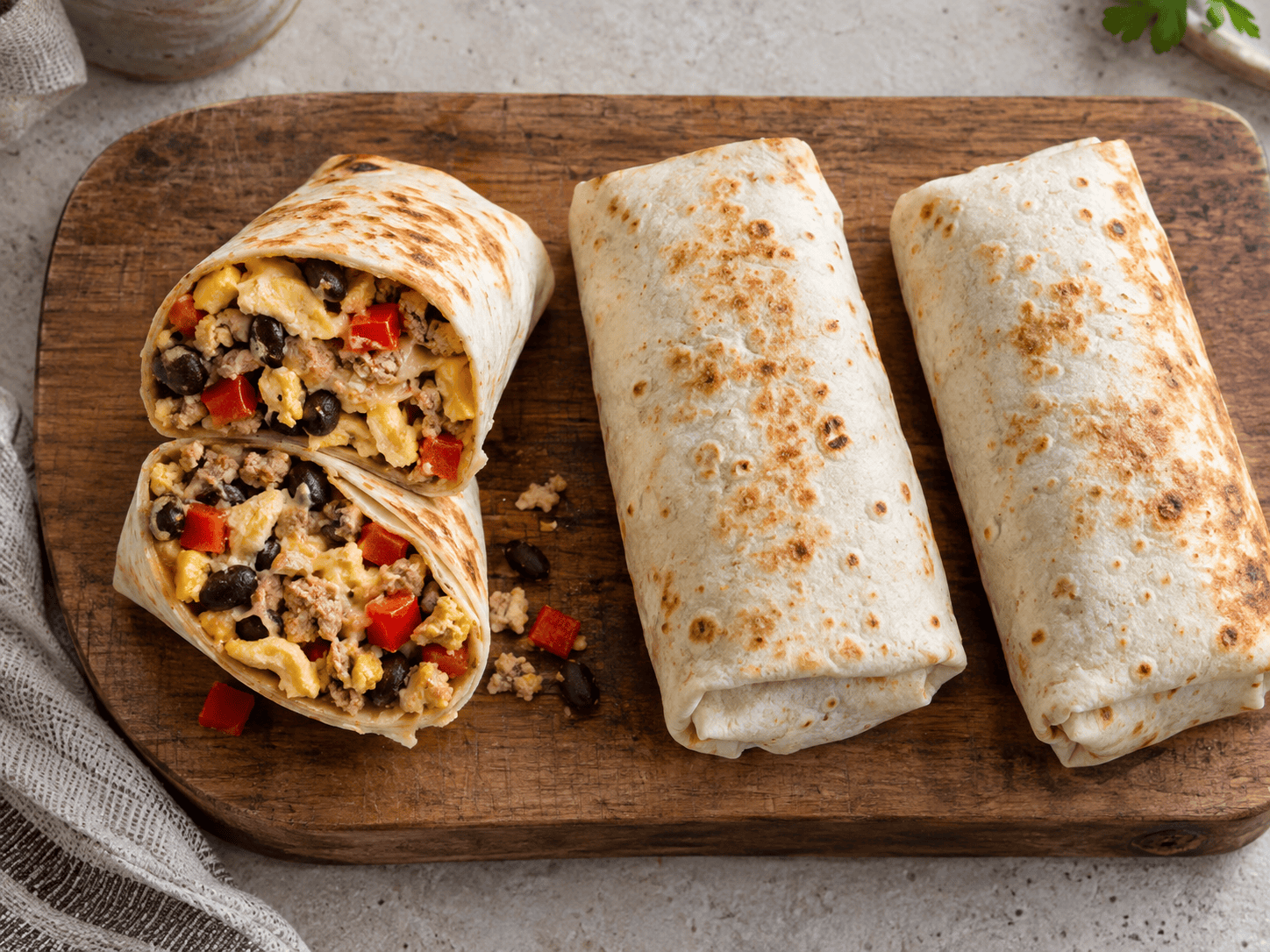High-Protein Frühstücks Burritos fertig vorbereitet zum Einfrieren und Meal Prep