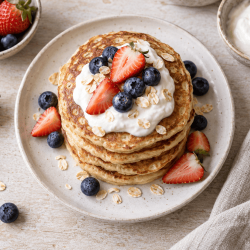 Fluffige Protein Pancakes mit Skyr und Beeren auf einem Teller