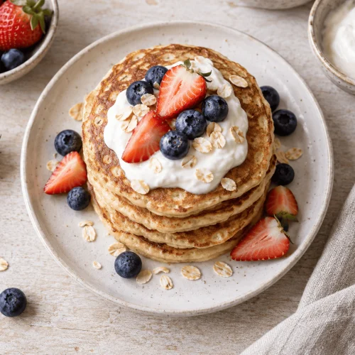 Fluffige Protein Pancakes mit Skyr und Beeren auf einem Teller