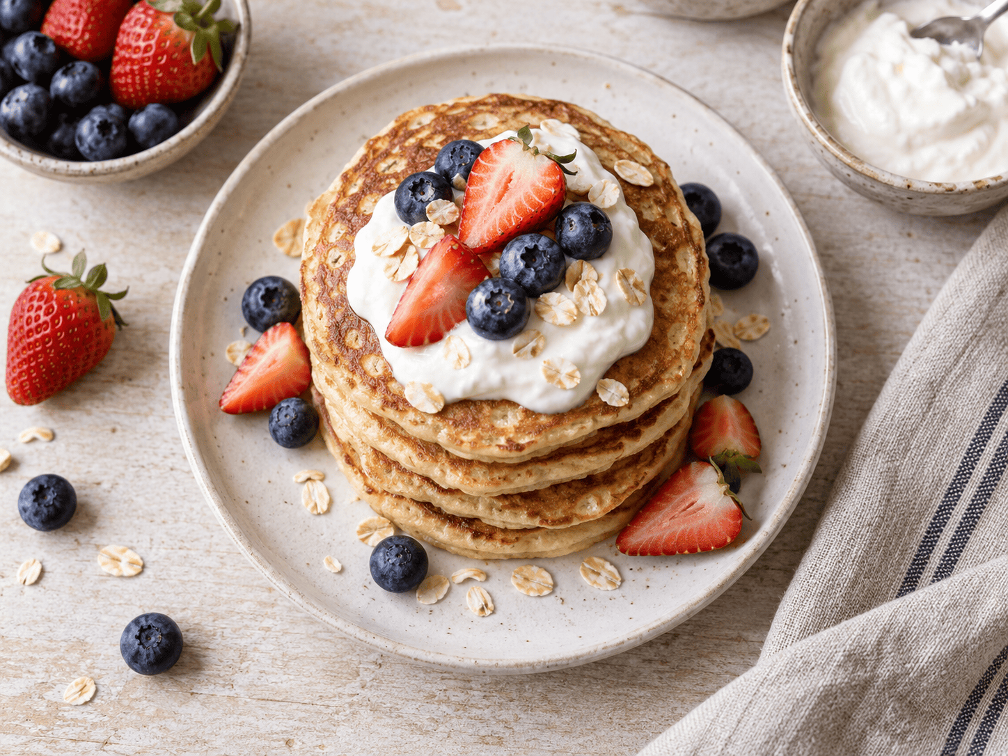 Fluffige Protein Pancakes mit Skyr und Beeren auf einem Teller