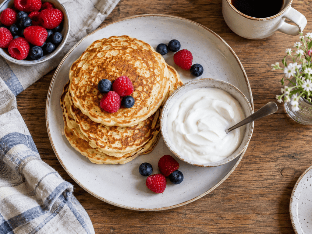 Fluffige Protein Pancakes mit Skyr und Beeren auf einem Teller
