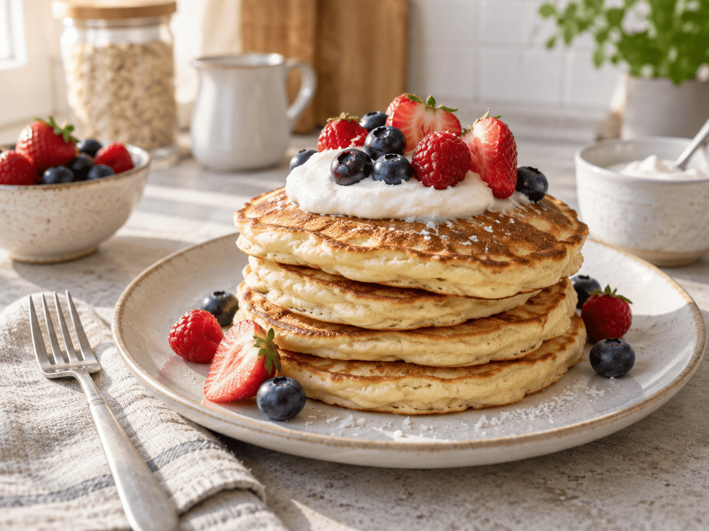 Fluffige Protein Pancakes mit Skyr und Beeren auf einem Teller
