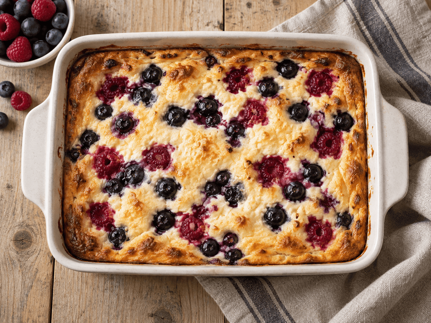 Süßer Hüttenkäse Auflauf mit Beeren in einer Auflaufform