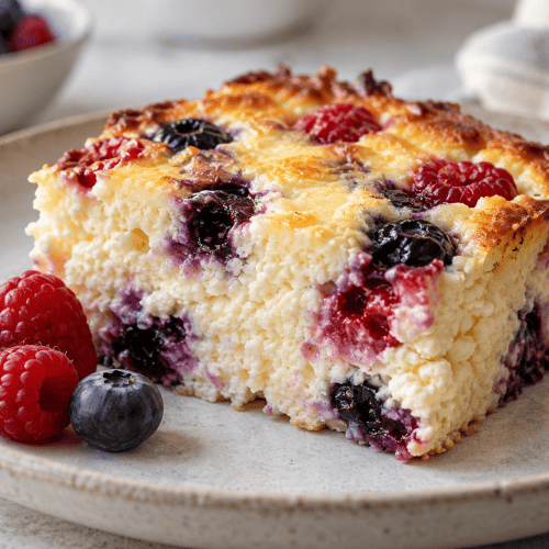 Süßer Hüttenkäse Auflauf mit Beeren in einer Auflaufform