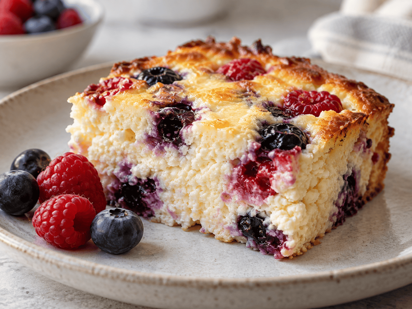 Süßer Hüttenkäse Auflauf mit Beeren in einer Auflaufform