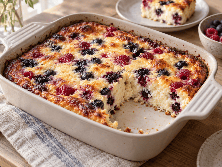 Süßer Hüttenkäse Auflauf mit Beeren in einer Auflaufform