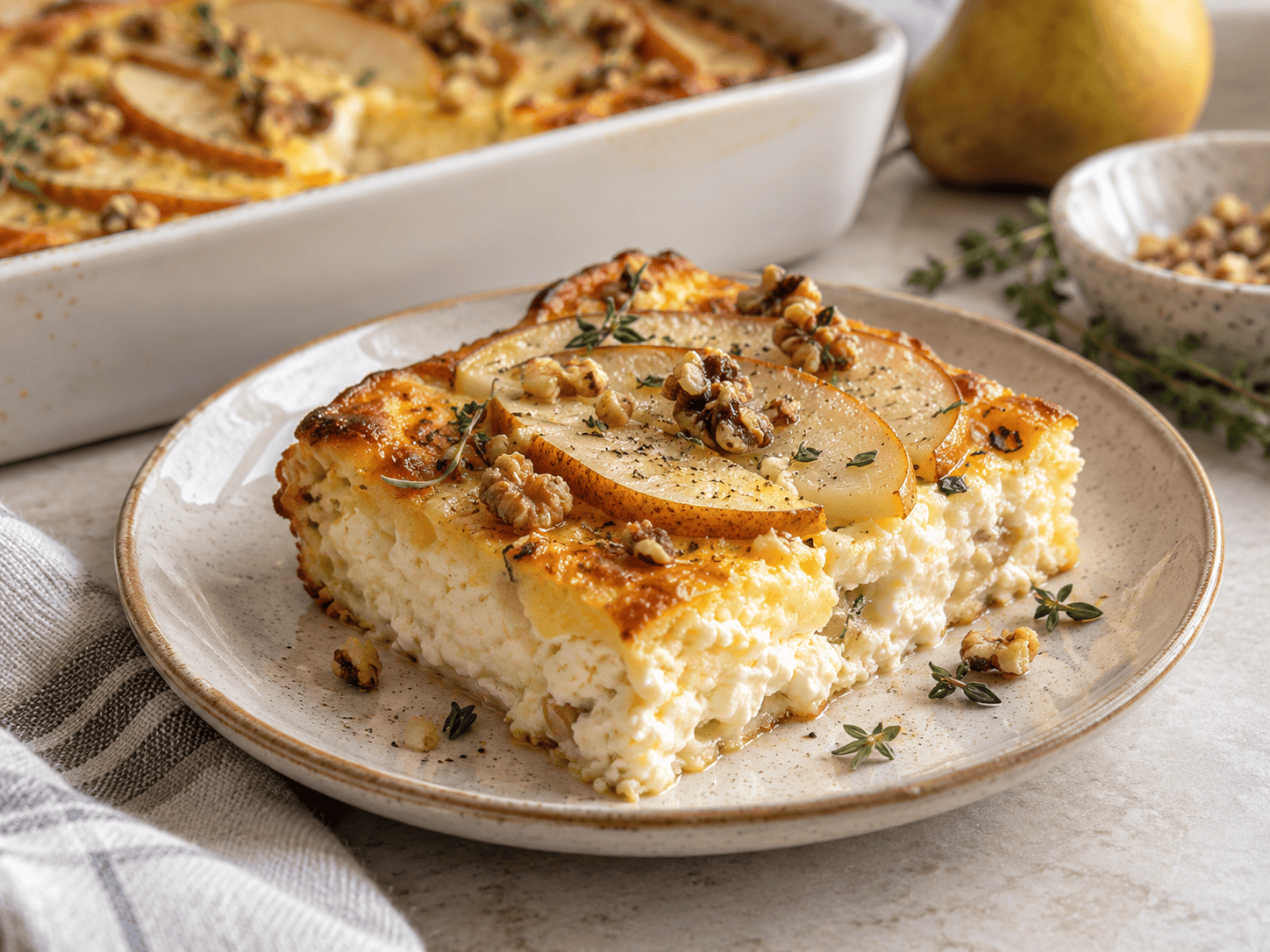 Süß herzhafter Hüttenkäse Auflauf mit Süßkartoffel, Apfel und Käse in einer Auflaufform