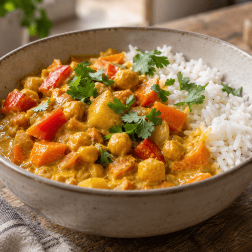 Cremiges Curry mit Reis, Hähnchenbrust, Brokkoli und Paprika in einer Schüssel