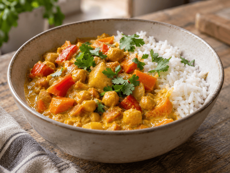 Cremiges Curry mit Reis, Hähnchenbrust, Brokkoli und Paprika in einer Schüssel