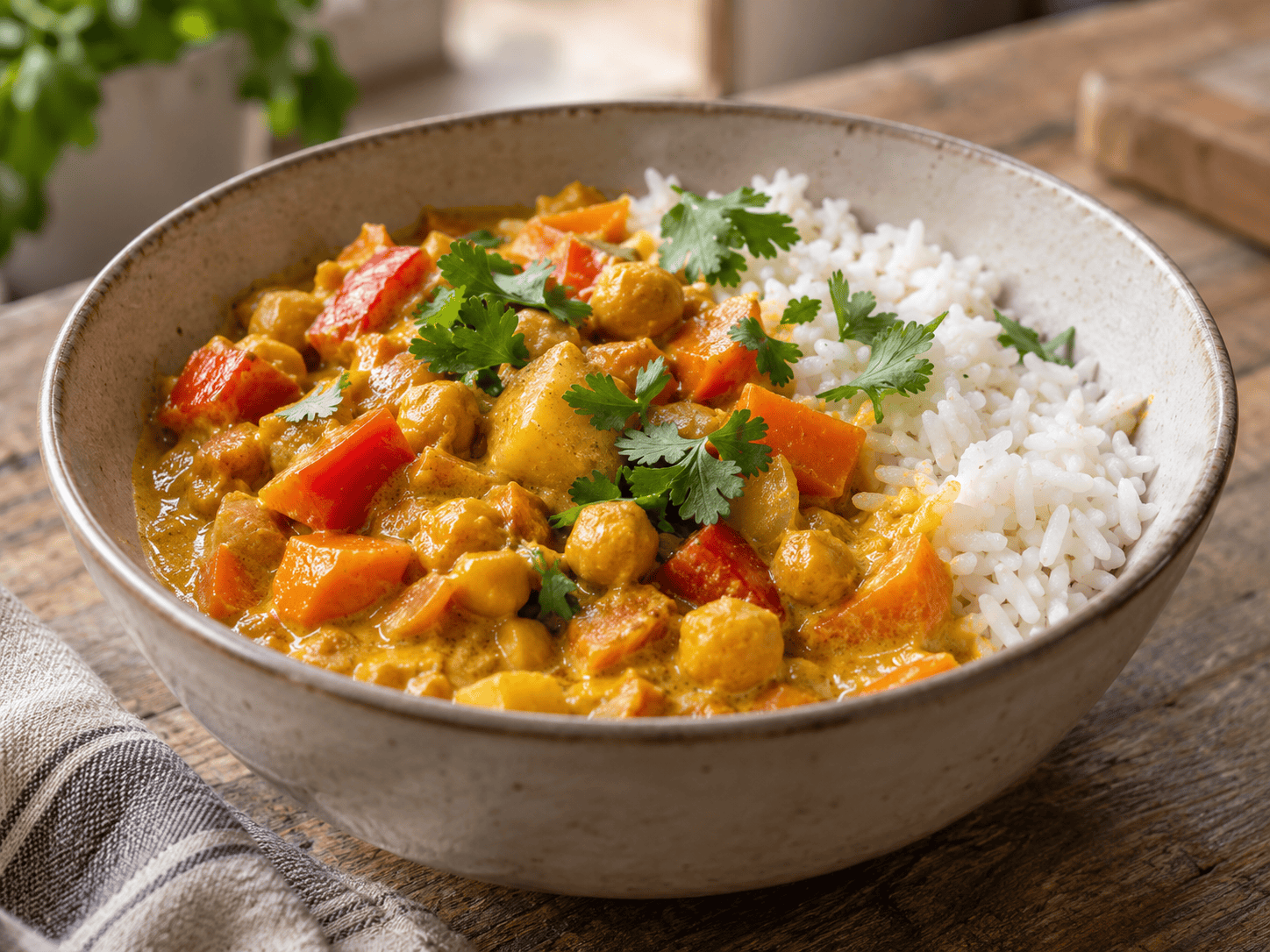 Cremiges Curry mit Reis, Hähnchenbrust, Brokkoli und Paprika in einer Schüssel