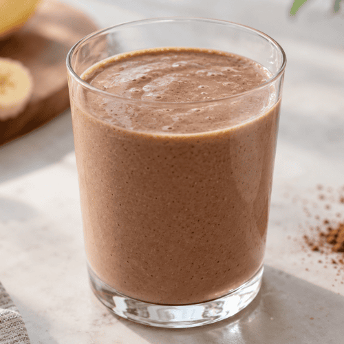 Cremiger Schoko Bananen Proteinshake mit Kakao, Banane und Skyr im Glas