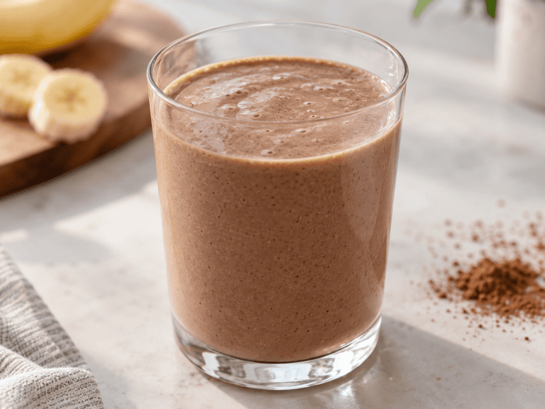 Cremiger Schoko Bananen Proteinshake mit Kakao, Banane und Skyr im Glas