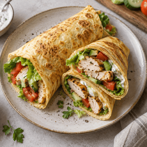 Selbstgemachte Proteinwraps auf einem Teller mit frischer Gemüsefüllung