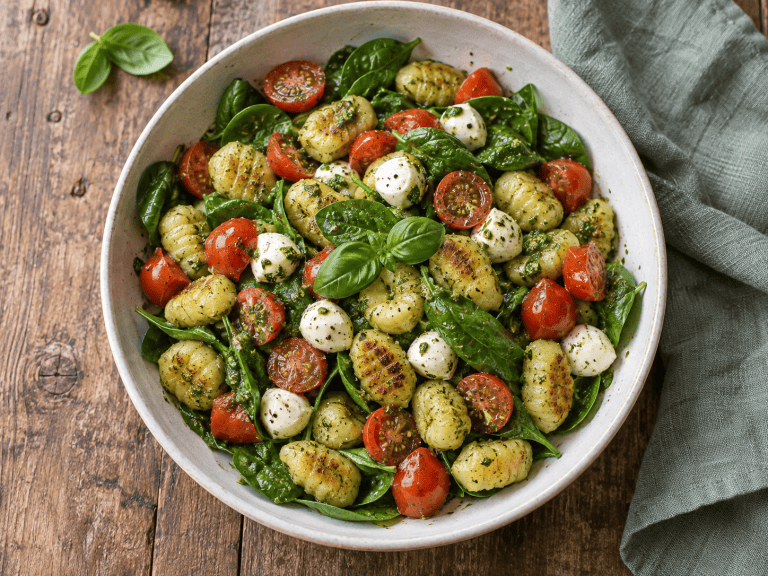 Pesto-Gnocchi-Salat mit Hähnchen, Tomaten, Gurke und Mozzarella in einer Schüssel