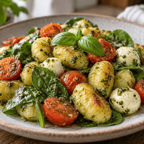 Pesto-Gnocchi-Salat mit Hähnchen, Tomaten, Gurke und Mozzarella in einer Schüssel