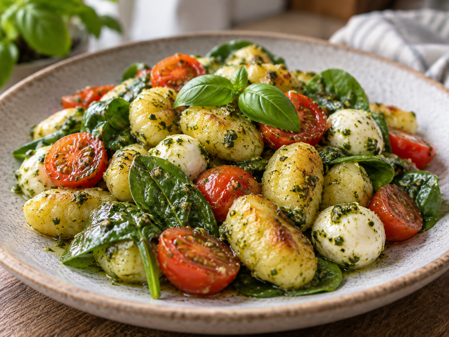 Pesto-Gnocchi-Salat mit Hähnchen, Tomaten, Gurke und Mozzarella in einer Schüssel