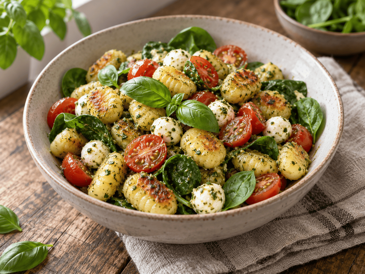 Pesto-Gnocchi-Salat mit Hähnchen, Tomaten, Gurke und Mozzarella in einer Schüssel