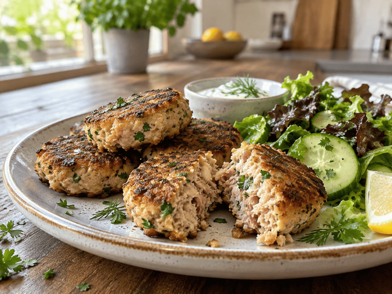 Saftige Thunfisch-Frikadellen Low Carb mit Kräuter-Dip und Salat