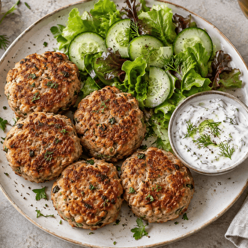 Saftige Thunfisch-Frikadellen Low Carb mit Kräuter-Dip und Salat
