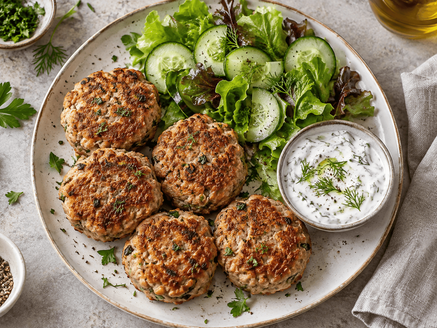 Saftige Thunfisch-Frikadellen Low Carb mit Kräuter-Dip und Salat