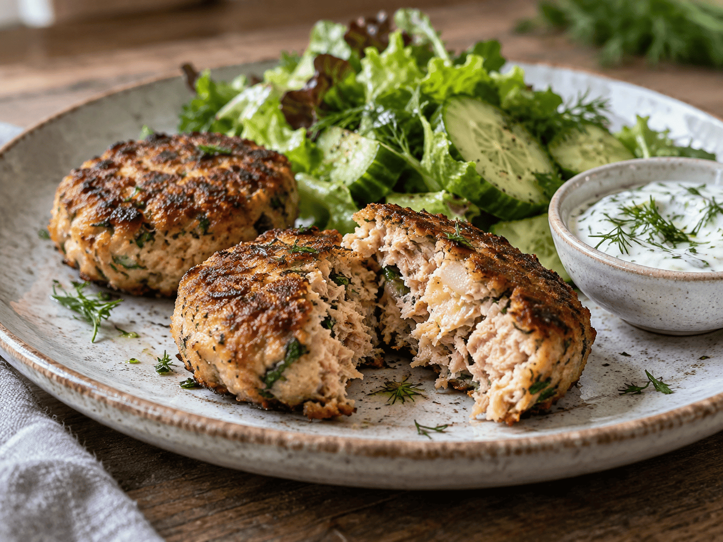 Saftige Thunfisch-Frikadellen Low Carb mit Kräuter-Dip und Salat