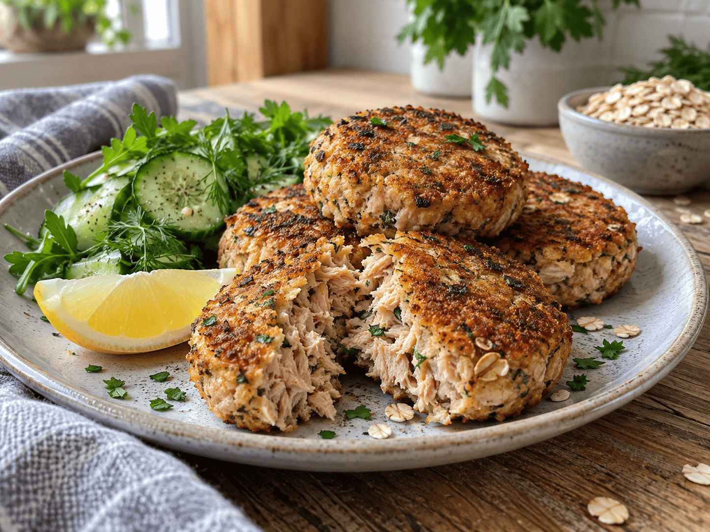 Gebratene Thunfisch-Frikadellen mit Haferflocken auf einem Teller mit Salat und Kräuter Dip